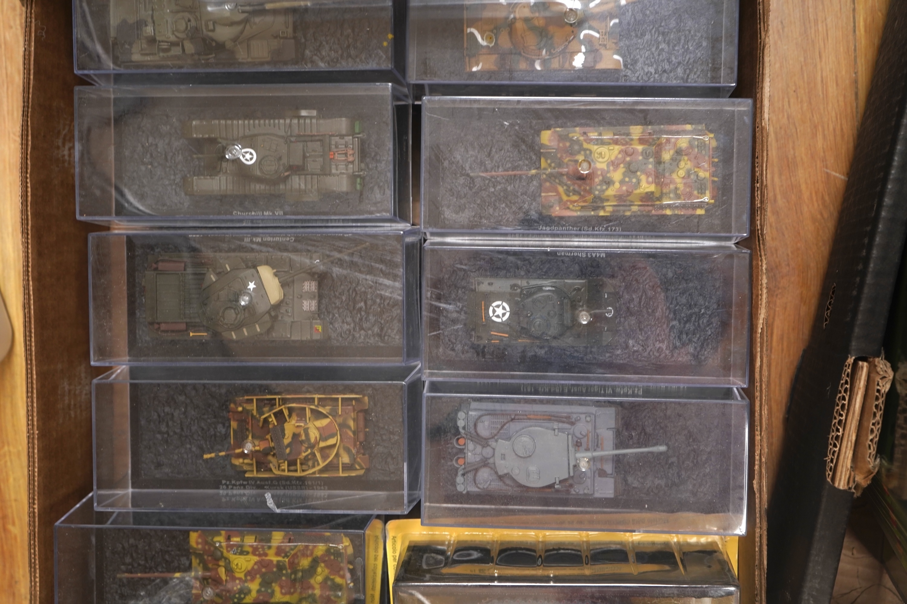 Forty-five DeAgostini magazine issue model tanks from ‘The Combat Tanks Collection’, including British, US, USSR, etc. examples, together with three folders of related magazines. Condition fair to good, all in original b